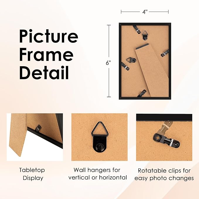 FIXSMITH 4x6 Picture Frame Set of 6, Black Photo Frames Bulk with HD Plexiglass for Wall Hanging or Tabletop Display, Multi Picture Frames Collage for Wall Decor