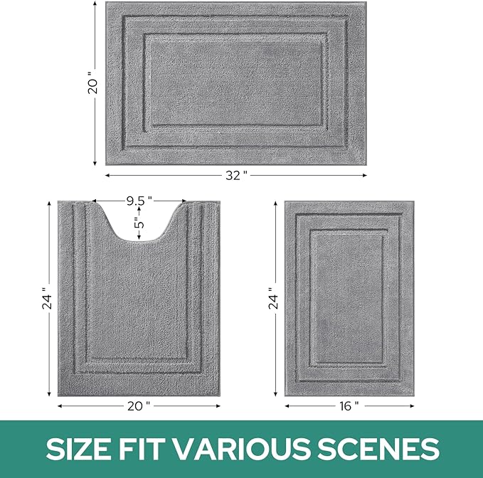 HOMEIDEAS Bathroom Rugs Sets 3 Piece, Super Soft and Absorbent Non Slip Microfiber Toilet Bath Mat with U-Shaped (Grey)
