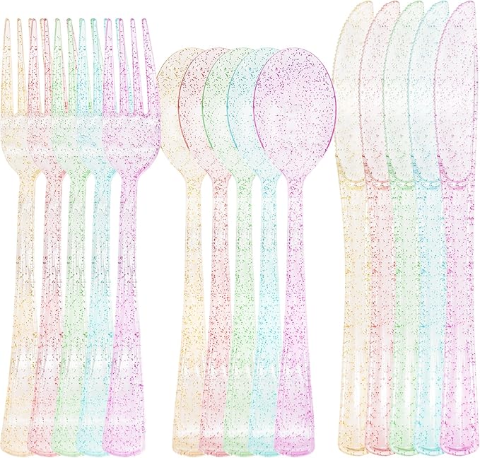 150 PCS Clear Pastel Plastic Silverware Disposable Pastel Utensils Set Heavy Duty Includes 50 Forks 50 Knives 50 Spoons for Birthday Wedding Baby Shower, Tea Party