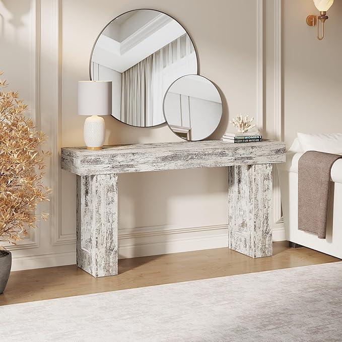 Tribesigns 63-Inch Long Console Table, Wooden Rectangular Sofa Table Behind The Couch, Farmhouse Entryway Table for Entrance, Hallway, Living Room (Distressed White)