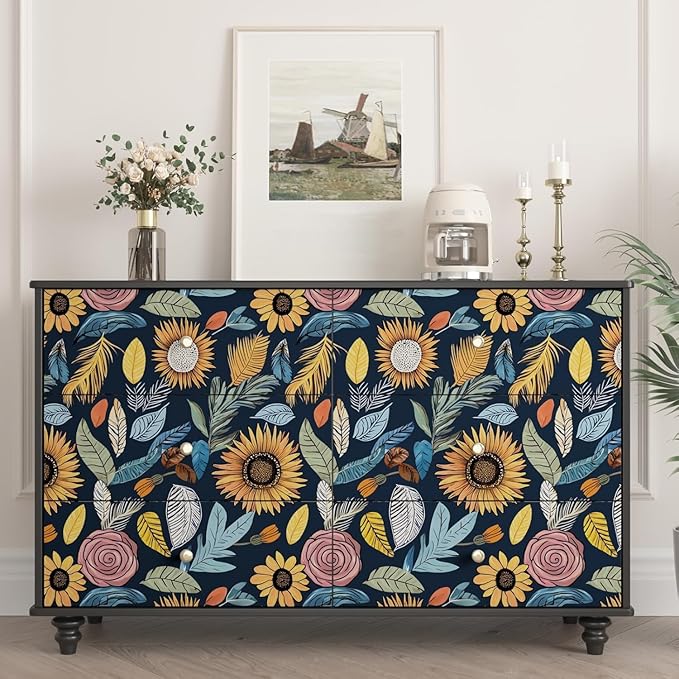 Blue Boho Wallpaper Peel and Stick, Vintage Floral Contact Paper 17.5" x 118"