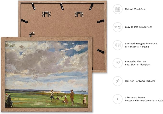 Poster Master Vintage Lady Astor Playing Golf at North Berwick Painting Poster - Retro Golf Course Print - Golf Art - Sports Art - Landscape Art - Office or Living Room Decor, 11x14 Beige Framed
