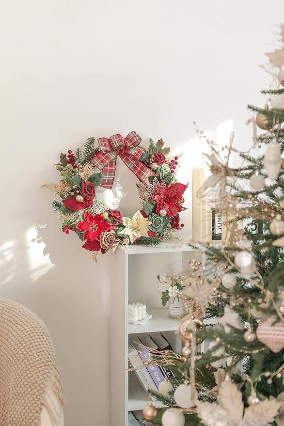 Christmas Flowers Artificial,Red Poinsettias Artificial Christmas Flowers and Greenery Deluxe Combo Set for DIY Tree Ornaments Xmas Wreath Floral Arrangements Centerpieces