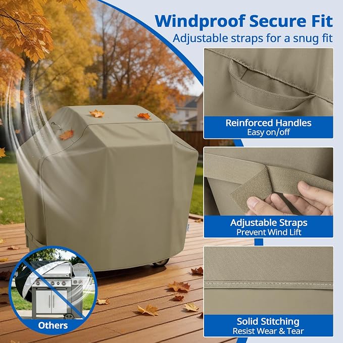 SunPatio Grill Cover 55 Inch for Outdoor Grill, Heavy Duty BBQ Cover with Waterproof Sealed Seam, FadeStop Material, All Weather Resistant Compatible for Weber CharBroil Nexgrill and More, Taupe