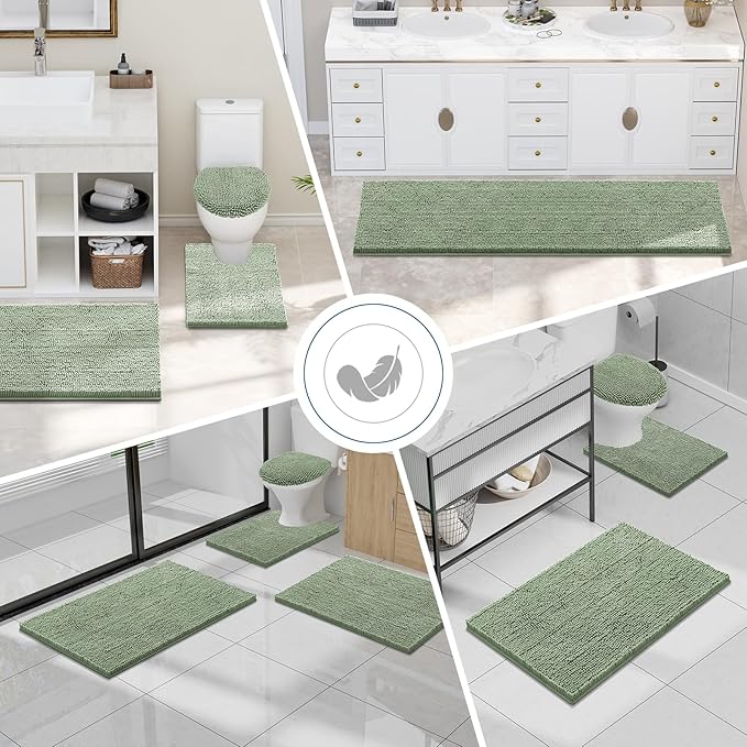 Smiry Luxury Chenille Bathroom Rugs 47x24, Extra Soft and Absorbent Shaggy Bath Mat, Machine Washable, Non-Slip Plush Carpet Runner for Tub, Shower, and Floor, Home Decor Accessories, Sage Green