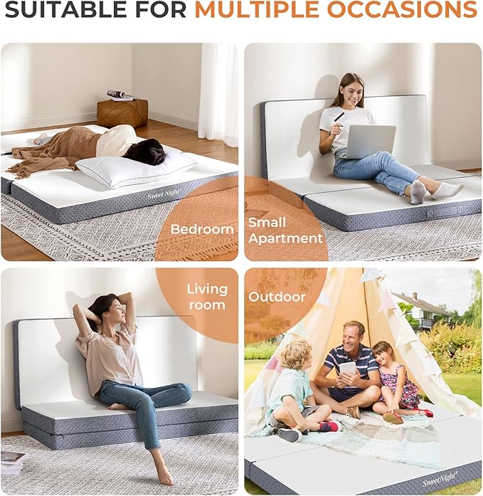Sweetnight Tri Folding Mattress - 4-inch Foldable Mattress with a Collapsible and Washable Cover | Medium-Firm with Non-Slip Design | Suitable for RV Travel, Camping, Guest （Queen）