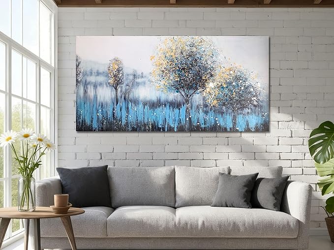 Arjun Tree Wall Art Canvas Teal Landscape Painting Blue Forest Textured Picture Modern Panoramic Abstract Nature Artwork Large Size Framed for Living Room Bedroom Bathroom Home Office Wall Decor