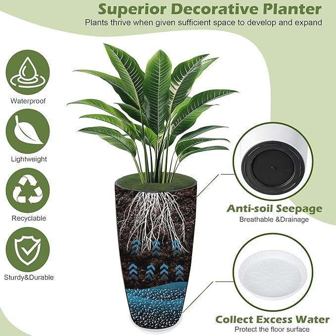 24-21-11 Inch Tall Planters Set of 3, Indoor Outdoor White Round Planter with Drainage Hole and Saucer, Large Decorative Plant Pots for Home Garden Porch (White)