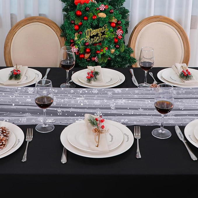 Snowkingdom Silver White Snowflake Table Runner 10 FT Christmas Sheer Chiffon Gauze Cheesecloth Runner, 120 Inch Winter Sparkly Sequin Party Dining Table Decorations for Christmas Holiday New Year
