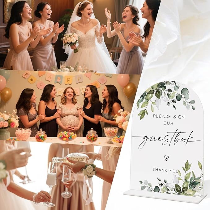 Wedding Signs for Reception, Green Leaves Please Sign Our Guestbook, Wedding Reception Signage, Bridal Shower Table Decorations with Base, Supplies for Proposal, Bridal Shower Events and Ceremony, 14