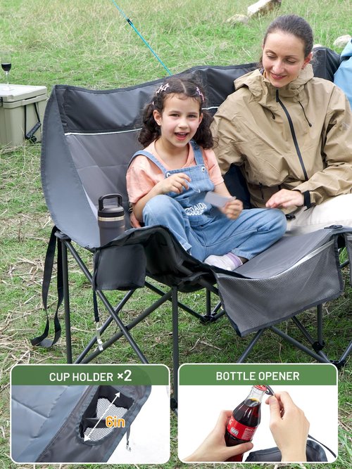 TIMBER RIDGE Padded 3 Person Camping Chair Supports to 1050lbs, Portable Camp Couch Double Camping Chairs, Outdoor Oversized Folding Loveseat Perfect for Campsites, Patio/Lawn, Soccer Games, Grey