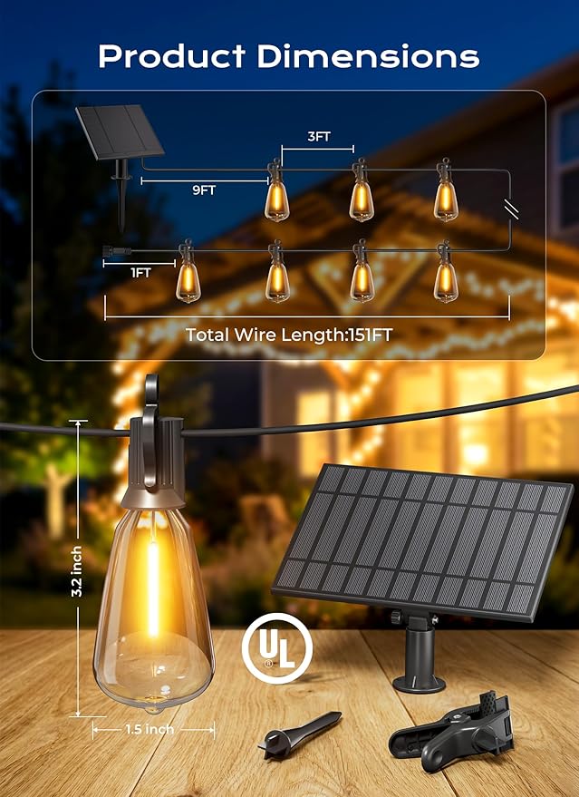 Brightown 151FT Solar String Lights Outdoor Waterproof, Patio Lights with Remote and 48+2 LED Shatterproof Bulbs, Dimmable & Timable, 3 Light Modes, Solar Lights Outdoor for Yard Camping Party Outside