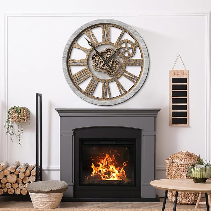 B-Style Large Wall Clock 18 Inch Moving Gear Oversized Vintage Farmhouse Rustic