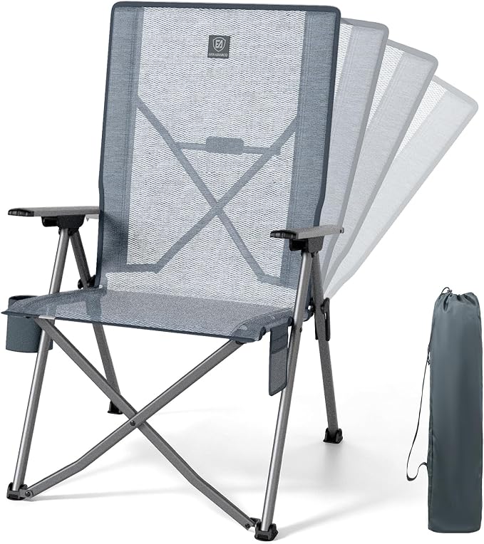 EVER ADVANCED Reclining Camping Chairs for Adult Lightweight, Portable Compact Folding Chair with High Back, 4-Level Recliner Chairs, Lawn Chair for Patio Balcony, Supports 350lbs, Stretch Mesh Grey