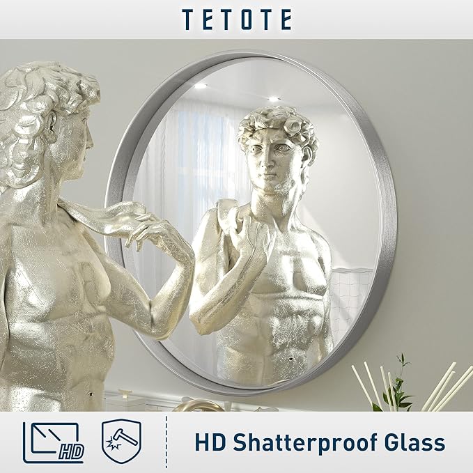 TETOTE Silver Round Mirror for Bathroom, 30 Inch Modern Circle Mirrors