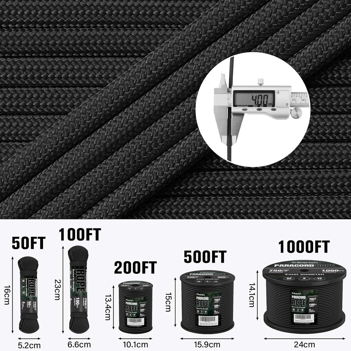 Paracord Rope 750 lb - Heavy Duty 12-Strand Parachute Cord | 1000ft, 500ft, 200ft, 100ft Options for Survival & Camping Gear
