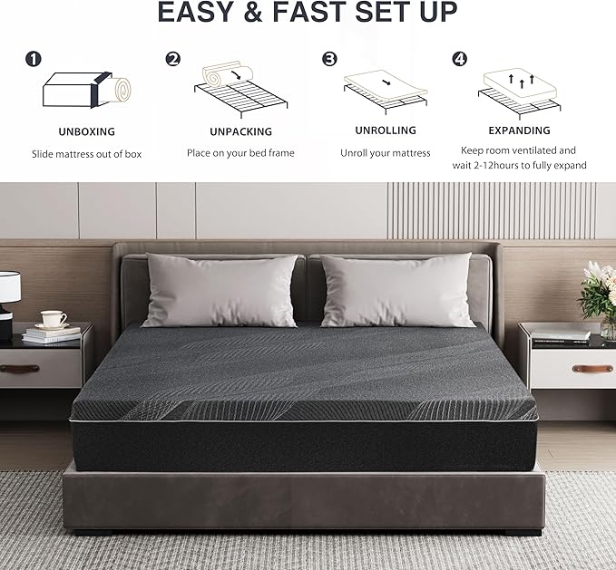 Twin Mattress 10 Inch Charcoal Gel Memory Foam Mattress in a Box, CertiPUR-US Certified, Fiberglass Free Cooling Mattress, Twin Size Mattress for Kids, 75" × 38" × 10", Medium