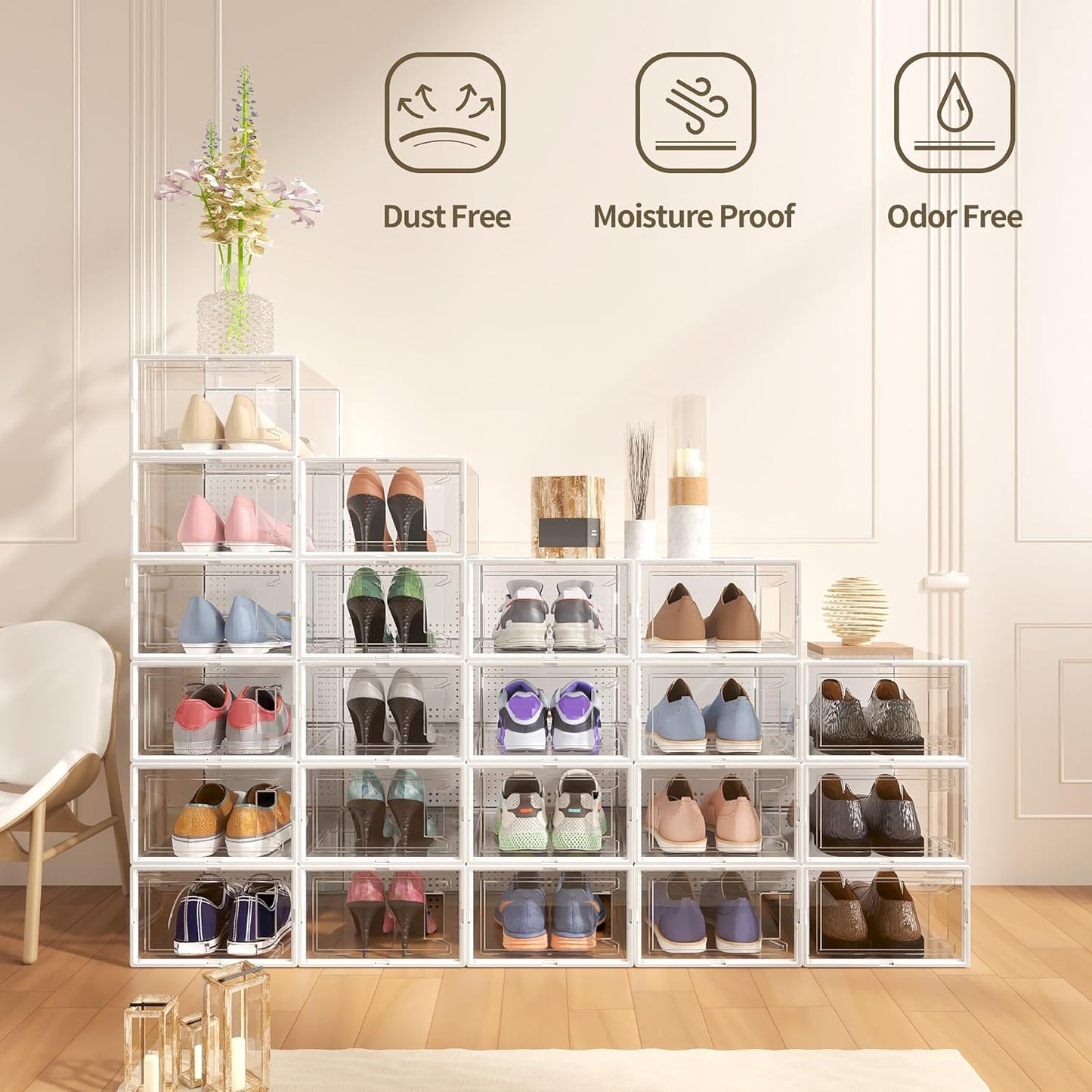 Secret Space 12 Pack XX Large Shoe Storage Organizer for Closet, Modular Space Saving Shoe Boxes Clear Plastic Stackable Containers Display Case Bins with Lids, Shoe Rack for Sneaker Storage, White02