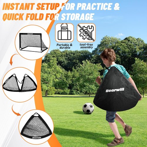 Bearwill Soccer Goal - Portable Kids Soccer Goals Set of 2 | 4x3ft Training Equipment with Ball, Ladder, Cones, Targets
