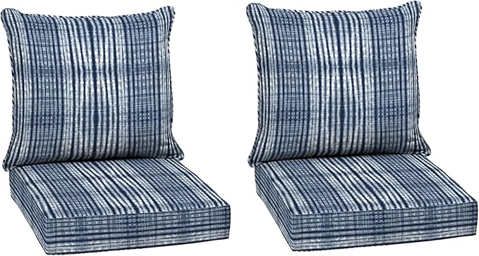 Arden Outdoor Deep Seat Cushion Set (2-Pack), 24 in x 24 in, Weather-Proof, Rain-Proof, Fade Resistant Patio Cushion for Chair, Sofa, and Couch Blue Shibori Stripe