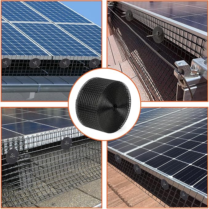 6in x 100ft Solar Panel Bird Guard & Critter Guard Mesh Kit, PVC Coated Wire Mesh Bird Wire with 100 Clips, 100 Cable Ties, Gloves, Pliers, DIY Bird Netting Solar Panel Bird Mesh Barrier