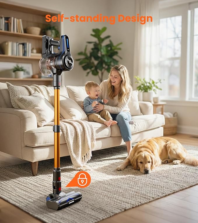 NADALY Cordless Vacuum Cleaner, 500W 40KPa Self-Standing Stick Vacuum with 45-Min Runtime, Anti-Tangle V-Shaped Brush, 1.5L Large Dust Cup, Lightweight for Hardwood Floor Carpet Pet Hair