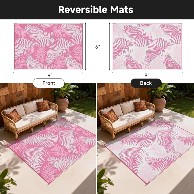 Pauwer Waterproof Outdoor Rug 6x9, Reversible Plastic Straw Patio Camping Rug, Indoor Outdoor RV Mat Carpet for Deck, Camper, Porch, Balcony, Backyard, Picnic, Leaf Pink