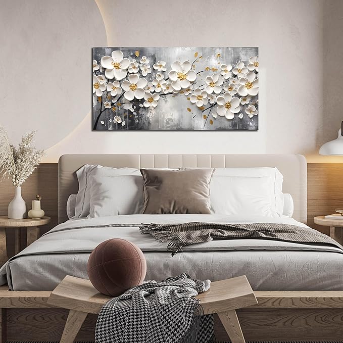 Flower Pictures Wall Art for Bedroom Women - White Canvas Wall Art for Living Room - Girls Room Decor Ready to Hang Size 20" x 40"