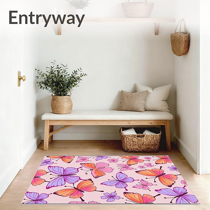 Flatwoven High Traffic Area Rug 6, Watercolor Garden Shower Curtain with Matching Bath Accessories, Non Slip, Stain Resistant, Washable Area Rugs for Living Room, Bedroom (Pink, 6)