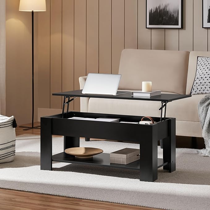 Yaheetech Modern Living Room 3 Pieces Table Sets, Lift Top Coffee Table and End Table Sets for Home and Office, Easy Assembly Accent Furniture with Hidden Compartment and Open Storage Shelf, Black