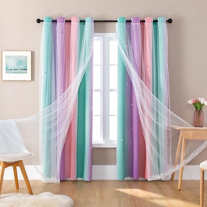 XiDi Curtains for Girls Bedroom Decor, Rainbow Blackout Curtains for