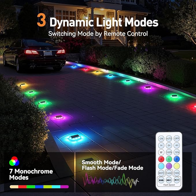 AGPTEK RGB Solar Deck Lights with Remote Control 4 Pack, One-Click Sync Group Control & 10 Light Modes & RGB Chasing, Outdoor Decorative Driveway Marker for Pathway, Dock, Step, Walkway, Yard, Garden