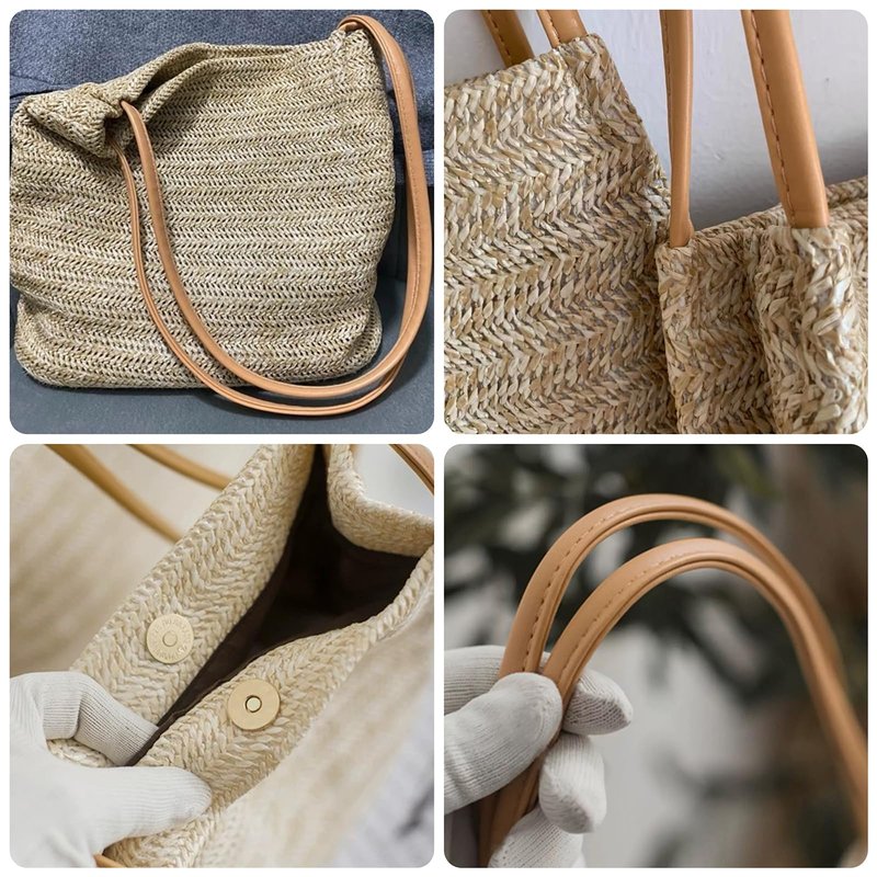 Aphoraeny Straw Beach Bag Buckets Totes Handbag Shoulder Bag Tote Bag Women Summer Handbag (A-Dark Beige)