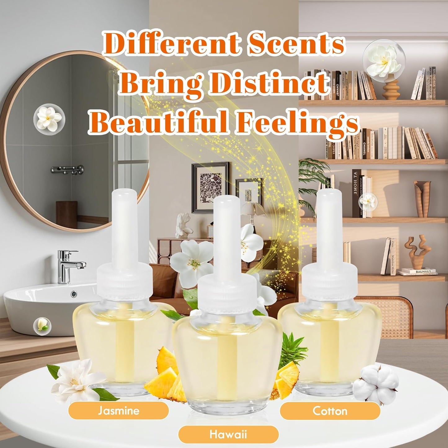 Plug-in Air Freshener Refills - Hawaiian Jasmine Cotton Scented Essential Oil Refills 6 Count Long-Lasting Fragrance - For Room and Bathroom, Compatible with Air Wick,Compatible with Glade