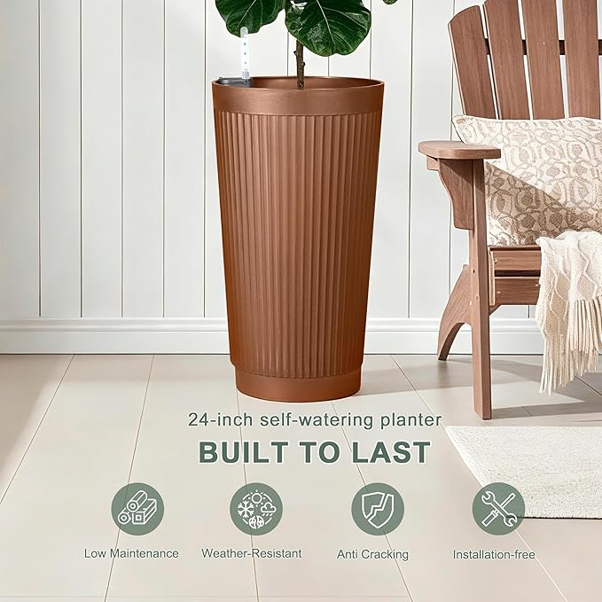 Set of 2 Large Planter Outdoor Self Watering Pots for Indoor Plants, 24" Tall Planters with Drainage Hole for Patio, Garden (Brown Ribbed)