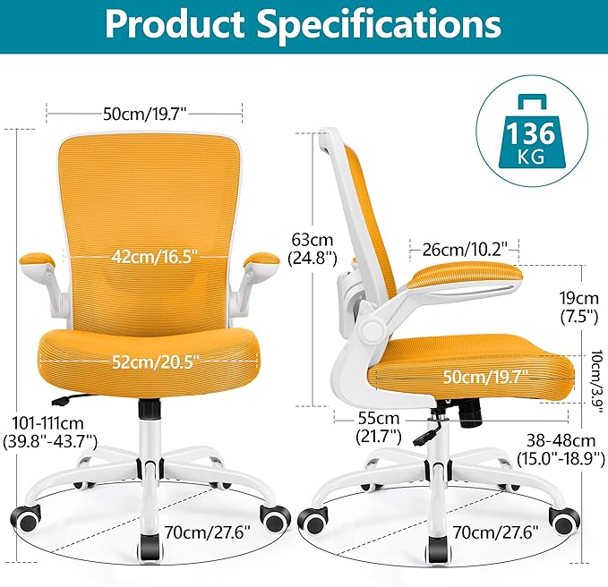 FelixKing Office Chair, Ergonomic Desk Chair Breathable Mesh Chairs Adjustable High Back Lumbar Support Flip-up Armrests, Executive Rolling Swivel Comfy Computer Chairs Home Office Yellow