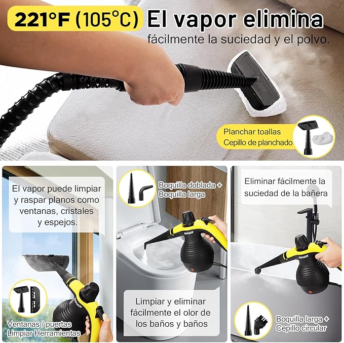 Handheld Steam Cleaner, Steamer for Cleaning, Multipurpose Portable Steam Cleaners for Home Use with Safety Lock and 10 Accessory Kit to Remove Grime, Grease, and More, Save Time and Effort