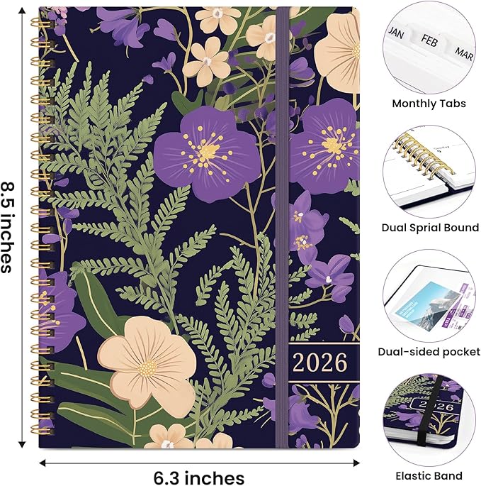 2026 Planner, Weekly and Monthly Planner for Women, Jan 2026 - Dec 2026 Pretty 2026 Calendar Planner with Monthly Tabs, Inner Pocket, Spiral Binding, Perfect for Office Home School - 6.3" x 8.5", Violet