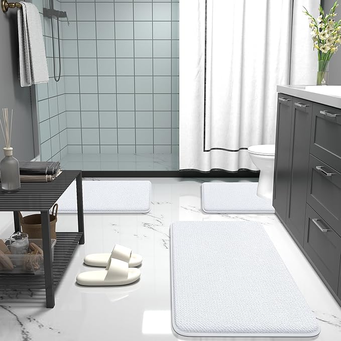 OLANLY Thick Memory Foam Bath Mat Rug 70x24, Extra Soft Absorbent Bathroom Rug, Quick Dry Bath Mats, Non-Slip, Machine Washable Carpet for Bathroom, Tub and Shower, Home Decor Accessories, White