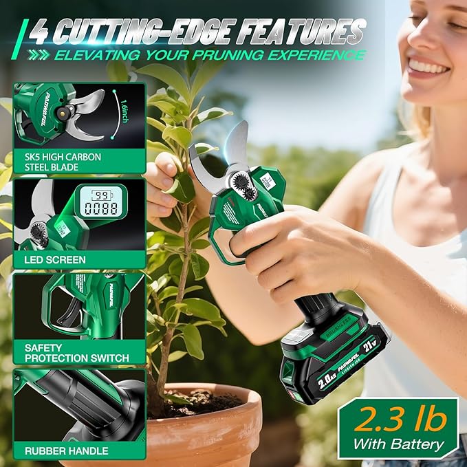 Electric Pruning Shears, 2.1" (54mm) Cutting Diameter Cordless Electric Scissors with LCD Display, 21V Brushless Motor Branch Cutter with 2 PCS Rechargeable 2000mAh Batteries & 2 Blades (Green)