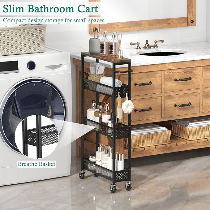 Slim Storage Cart 4 Tier Narrow Kitchen Rolling Cart on Wheels for Small Space, Mobile Utility Cart Shelving Unit with Wooden Top and Metal Handle for Kitchen, Bathroom, Laundry Room