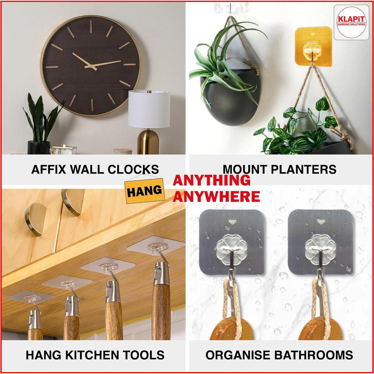 KLAPiT Super Hook - Heavy-Duty Adhesive Wall Hooks, Holds Up to 11 lbs, Waterproof, No Damage, Easy Install on Tile, Wood, Stone, Glass & Metal - Made of Steel (Silver, 4pc)
