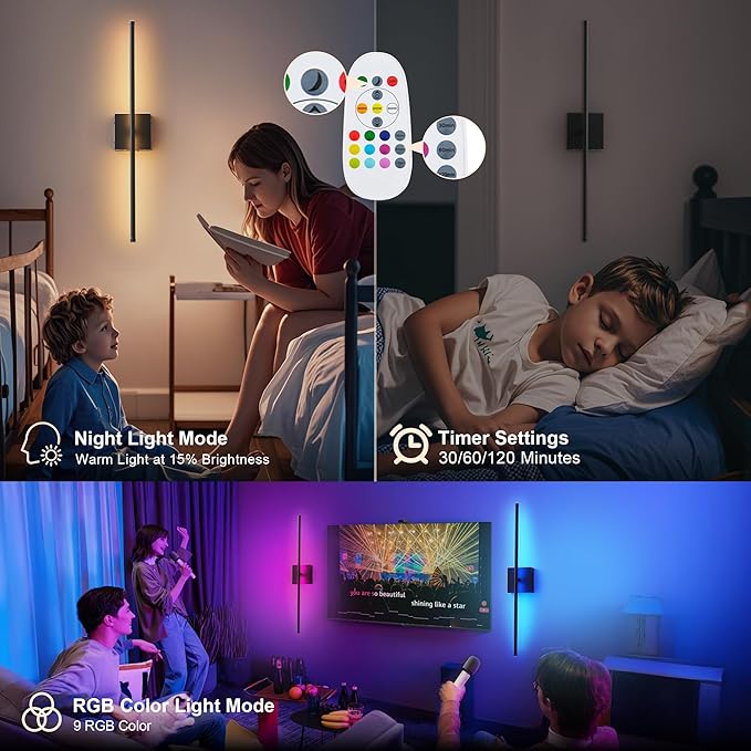 KARTOOSH 28.3 Inch 9 RGB Color Battery Operated Wireless Wall Sconces Set of Two