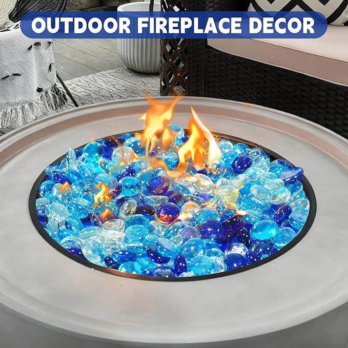 20 Pounds Fire Glass Rocks, 3/4 Mixed Color Fire Glass Beads for Propane Fire Pit, Fireplace and Outdoor Decorative (Caribbean Blue+Cobalt Blue+Crystal Ice)