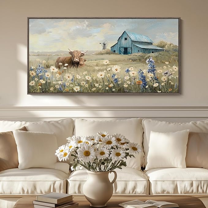 Large Framed Farmhouse Wall Art for Living Room, Highland Cow Country Pictures Wall Art Decor for Bedroom, Vintage Barn Landscape Floral Painting Artwork Print for Living Room Bathroom Kitchen 20x40