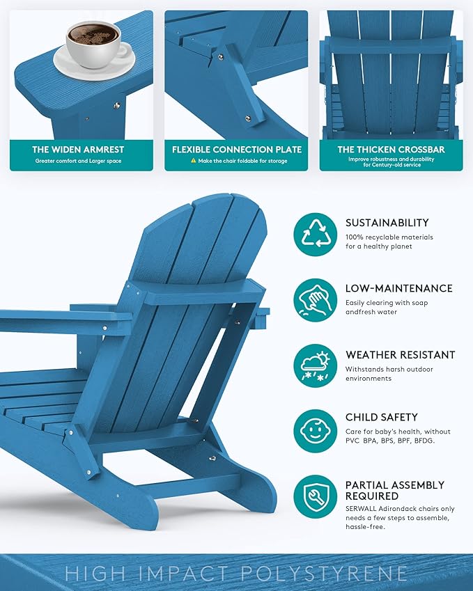 SERWALL Folding Adirondack Chair Set of 6, Weather Resistant HIPS Lawn Chairs with Cup Holder for Garden Outdoors Fire Pit- Sapphire