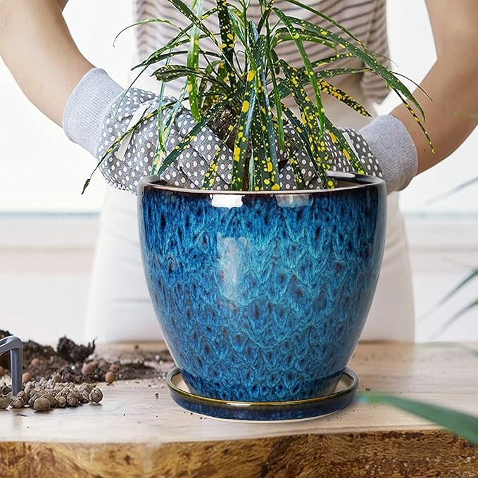 10 Inch Ceramic Planter Pot Round Plant Pot for Indoor Plants Outdoor Large Flower Pot with Drainage Hole and Saucer Blue