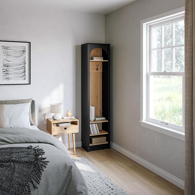 Prepac Ark 76" Tall Arched Entryway Coat Rack in Black Oak with Natural Oak Interior, Hall Tree with 2 Adjustable Shelves, Modern Furniture for Entryway and Living Room, 13.25" D x 18" W x 76" H
