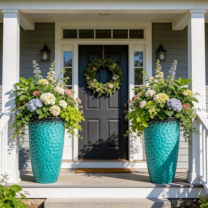23.75" H Large Tall Outdoor Planters, Set of 2 Plastic Large Flower Pots for Outdoor Plants, with Turquoise Teal Honeycomb Texture, Weather-Resistant for Porch, Garden, Patio or Indoor Use
