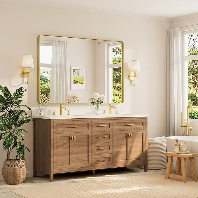 TETOTE 60 x 40 Inch Brushed Gold Frame Mirror, Brass Bathroom Vanity Mirror